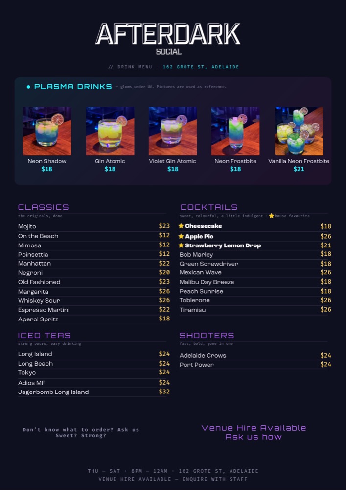 AfterDark Social printed drink menu